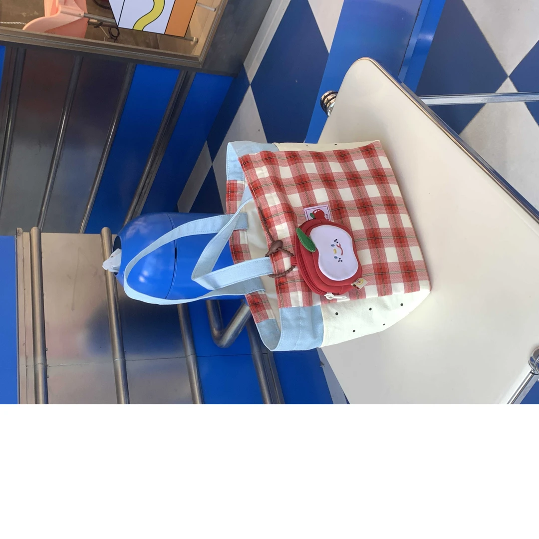 原创上班手提便当包女生ins风多口袋大容量帆布包格子上课饭盒袋