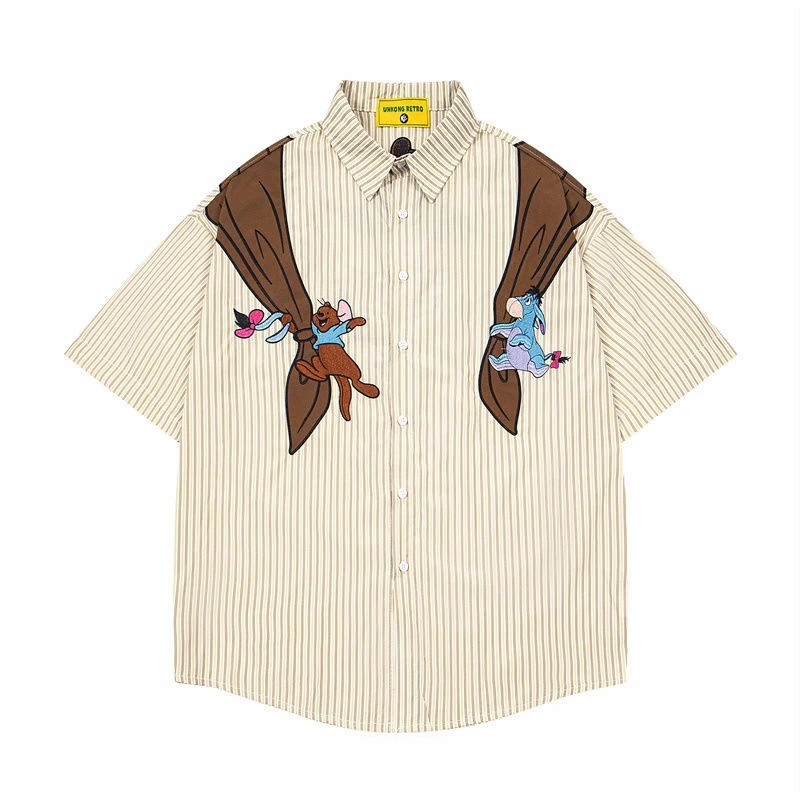 特大码300斤日系复古童趣小熊条纹短袖衬衫男装夏季宽松条纹衬衣2