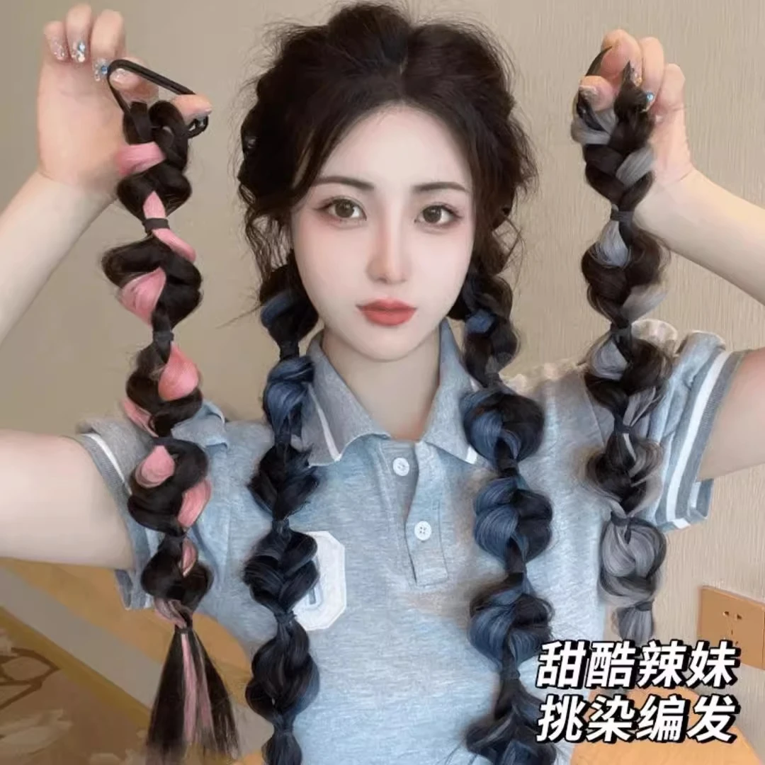 挑染泡泡辫发圈辫子拳击辫时尚灯笼辫双假马尾发绳麻花辫编发短发
