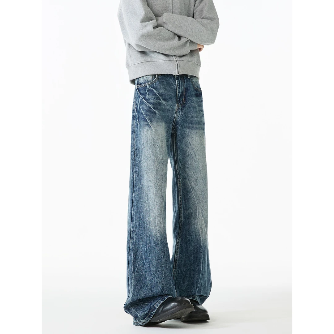 闪电纹微喇牛仔裤男春秋美式高街vibe水洗裤子潮牌潮流宽松阔腿裤