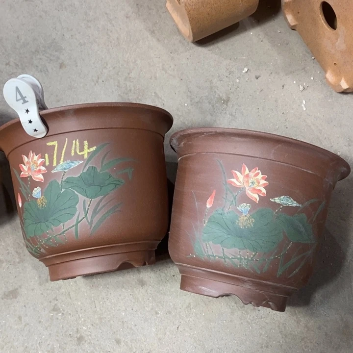 花盆紫砂 微瑕紫泥彩绘金钟两只4号