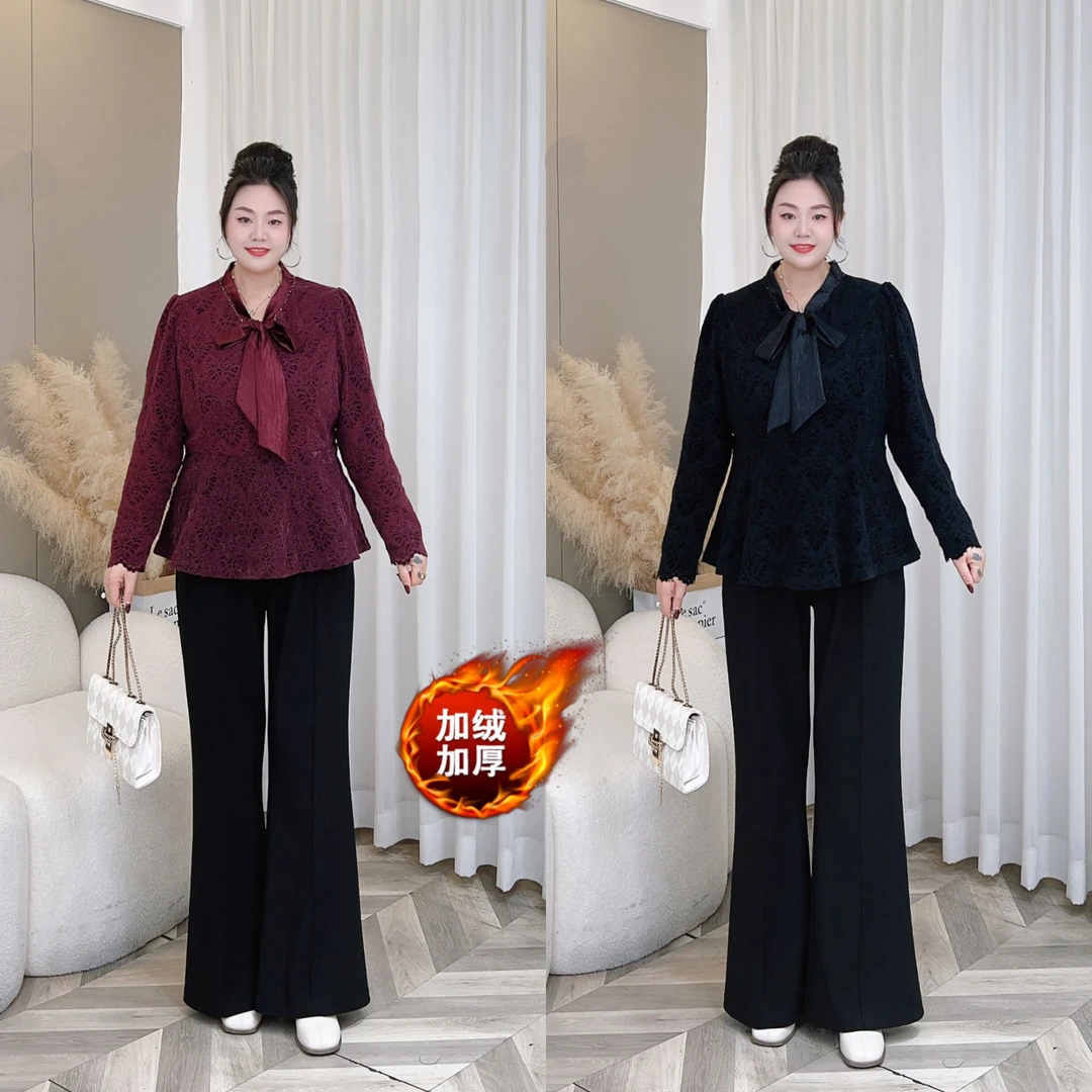 【梅姐加绒仅上衣】梅姐冬季气质时尚蕾丝蝴蝶结上衣大码女装MJ9574