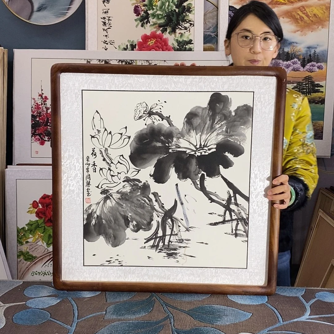 国画手写手绘国画作品带框包邮62✖️62