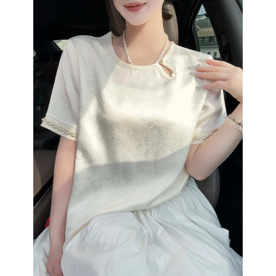 【桃落】显瘦夏季亮珠短袖丝滑舒适女装百搭透气精致提花