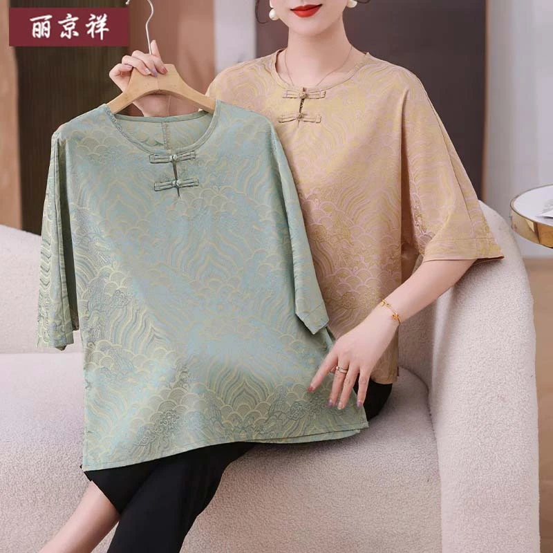 新中式国风妈妈装雪纺衬衫女短袖夏装新款上衣减龄气质中老年衬衣
