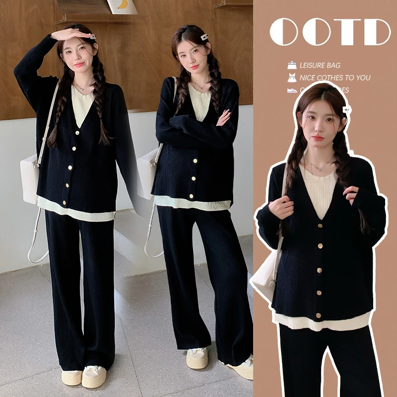 孕妇套装春秋季2025新款时尚洋气时髦假两件针织衫孕妇装秋装上衣