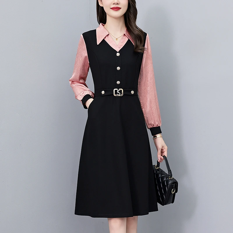 职场气质修身中长款大码女装胖mm假两件套长袖连衣裙春秋季中长款