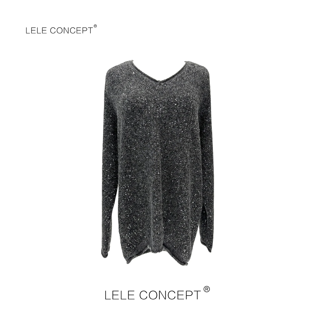 LELE CONCEPT丨时装百搭设计款闪金V领毛衣S0857