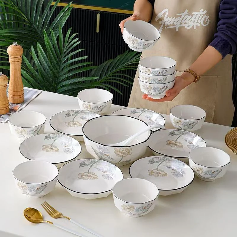 爱莲说10碗6盘1汤碗1大汤勺18件套家用简约陶瓷餐具组合碗盘餐具