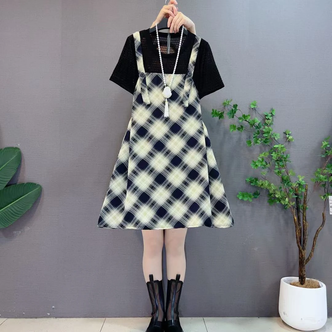 欧货新款大码女装胖mm赫本风假两件吊带裙小众洋气百搭连衣裙