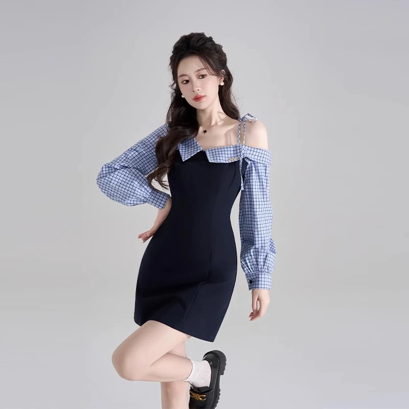 高级感拼接格子衬衫露肩连衣裙女春季新款收腰气质法式a字短裙子