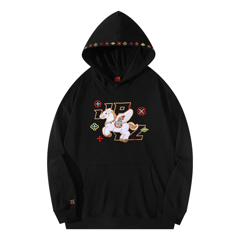 马年卡通图案刺绣卫衣男女同款春秋季连帽情侣装不加绒带帽外套潮