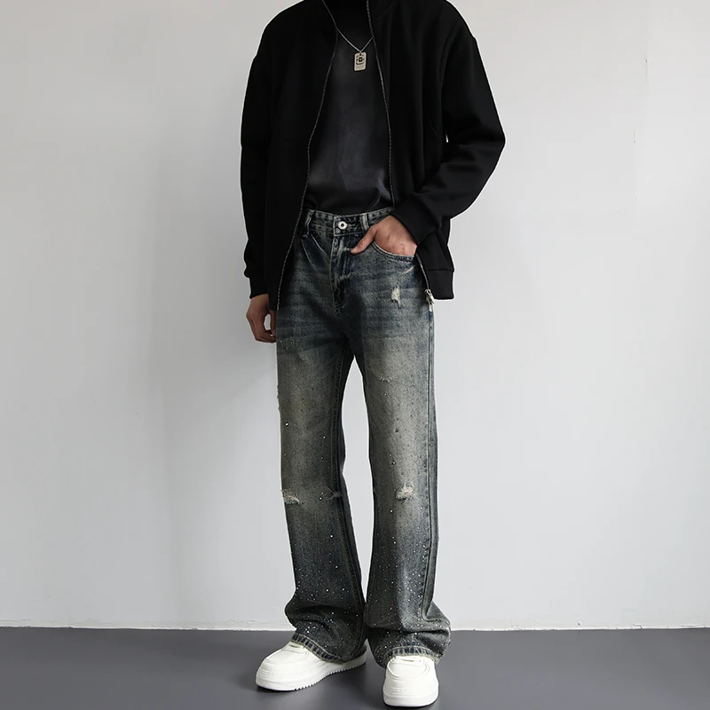 潮牌烫钻宽松破洞裤水洗蓝色微喇牛仔裤男美式高街痞帅男生牛仔裤