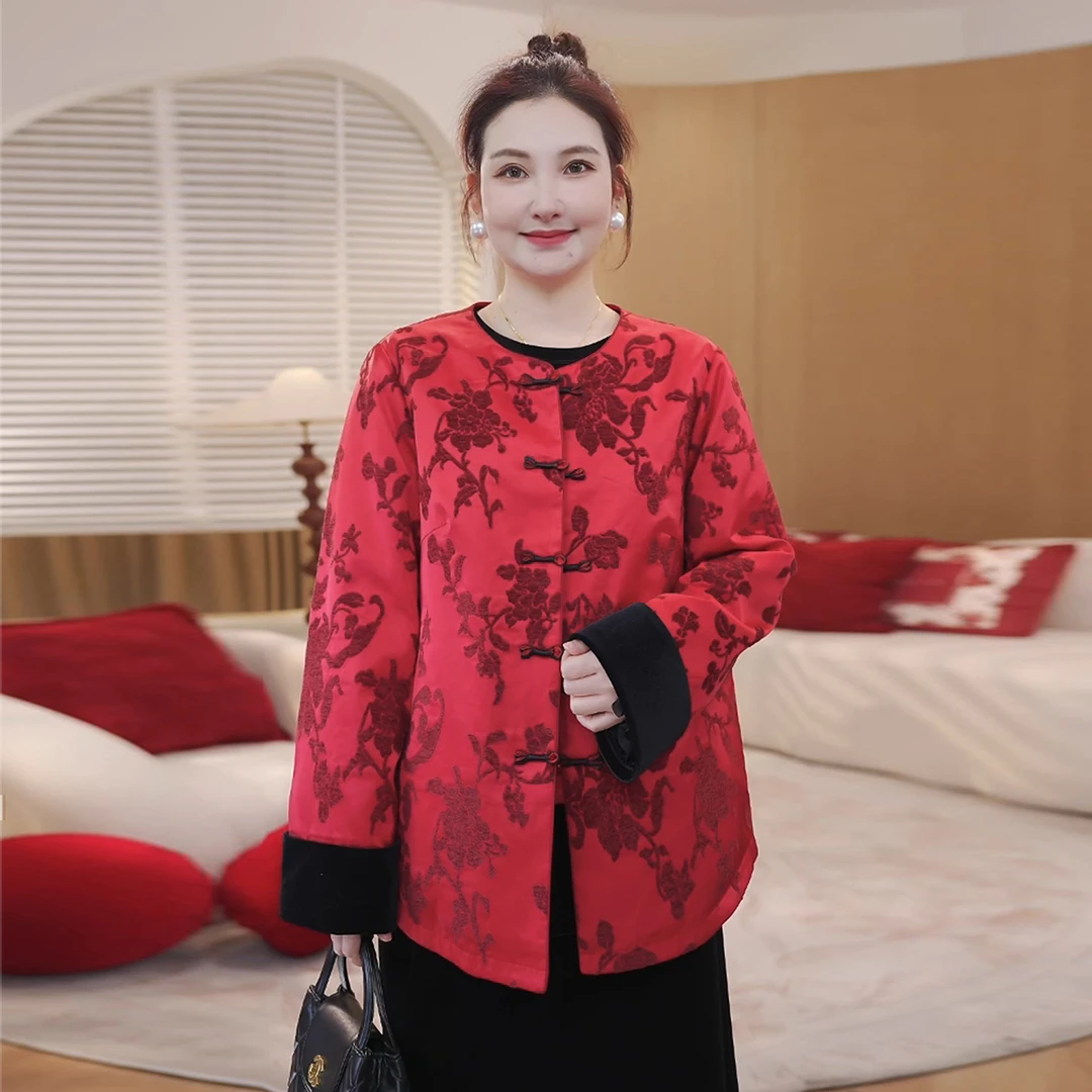 【植绒夹棉缎面棉衣】MsShe大码女装2025冬新中式盘扣S~E2512020