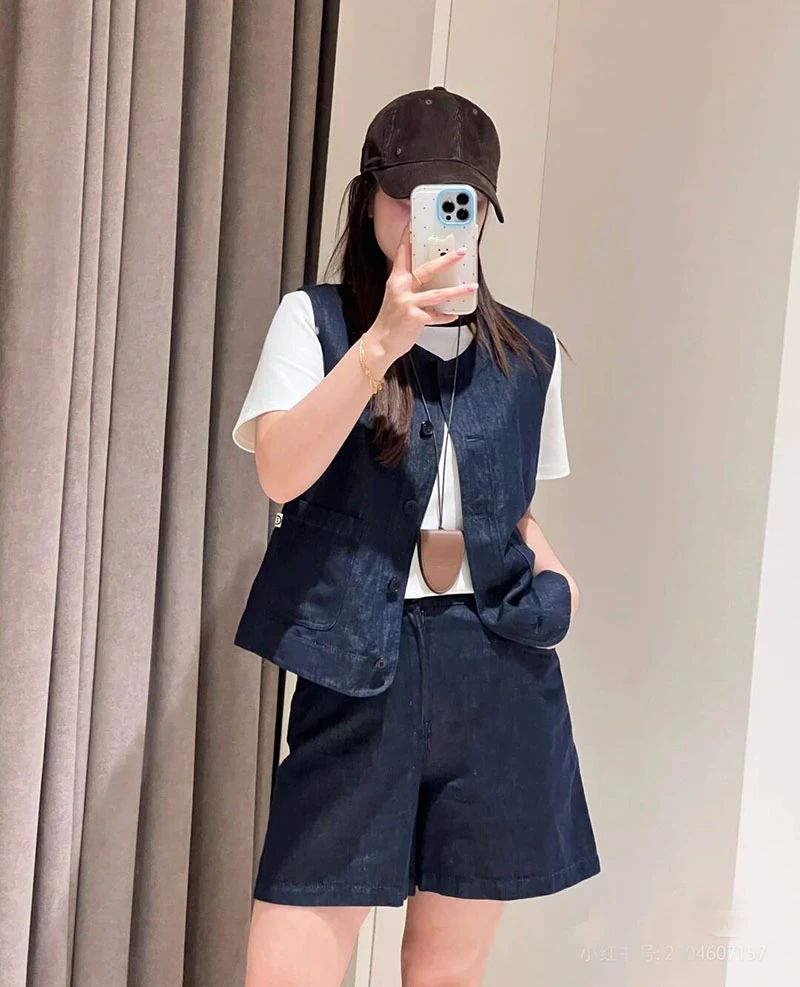 2025年夏季新款棉亚麻藏青牛仔细斜纹马甲+短裤