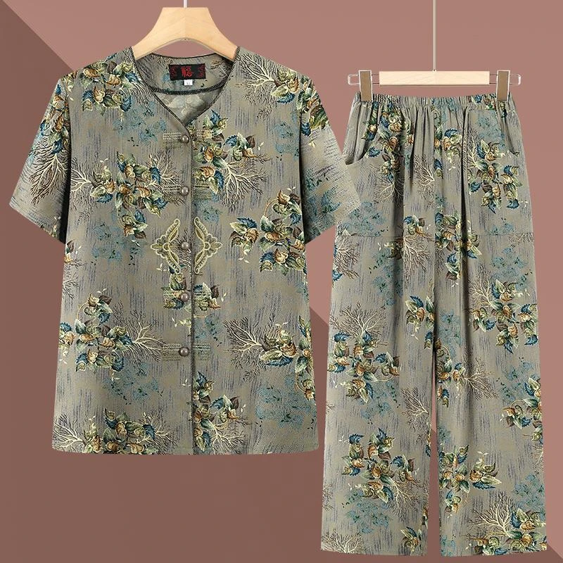 俞兆林老太太家居衣服两件套装奶奶夏季短袖棉绸开衫70岁妈妈中老