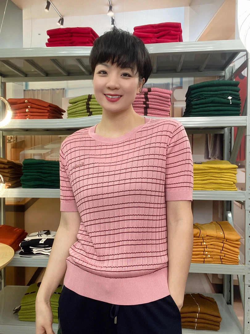 100%莱赛尔纤维圆领细条纹时尚百搭显瘦针织衫5027