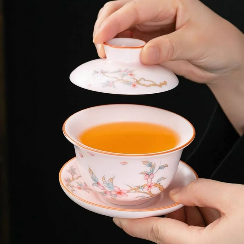 0099【直播专享】粉汝窑开片可养梅花盖碗茶杯瓷盖碗陶瓷茶盖碗茶具