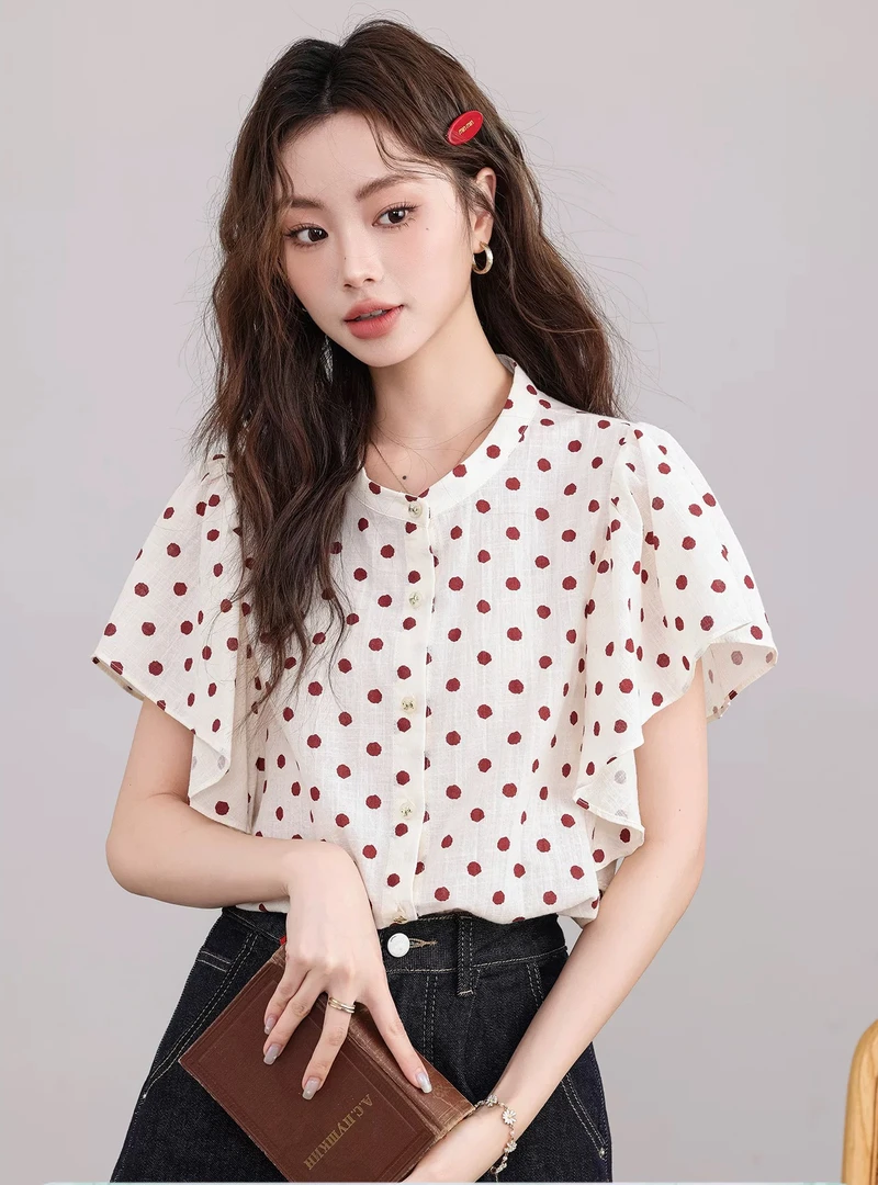 飞飞袖独特漂亮小衫2025夏季新款复古感波点短袖衬衫女