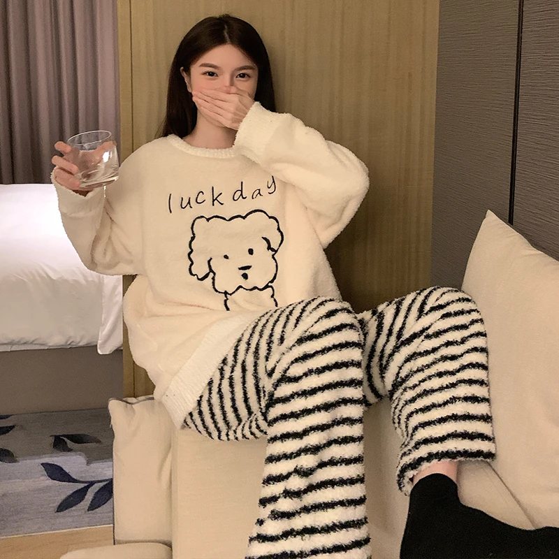 软萌小狗睡衣女秋冬季加厚软绵绒宽松保暖长袖少女外穿家居服套装