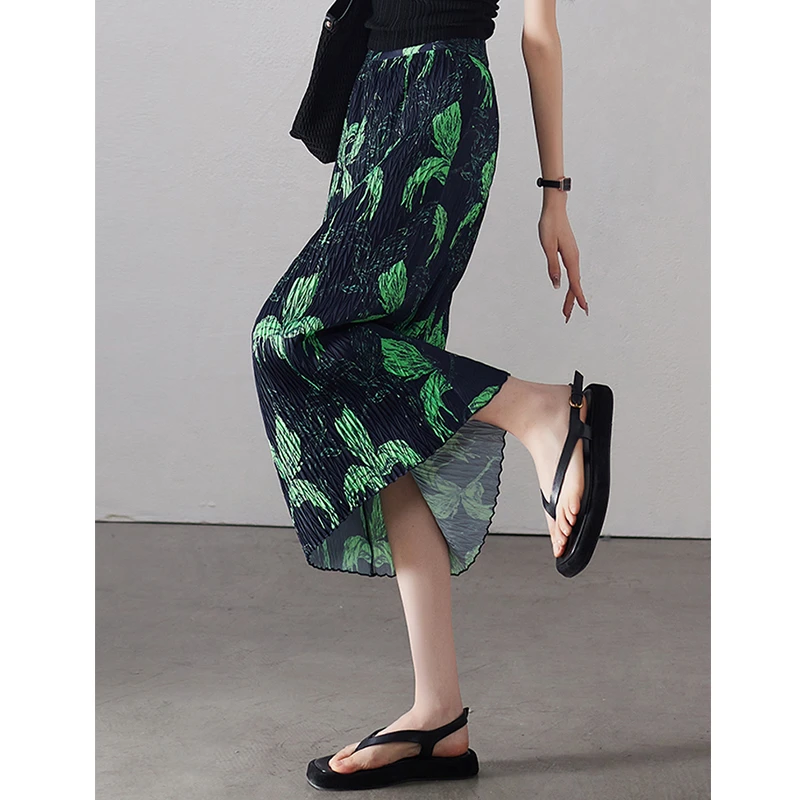 2024夏季新款时尚百搭高腰显瘦牙签褶百褶印花设计感小众半身裙女