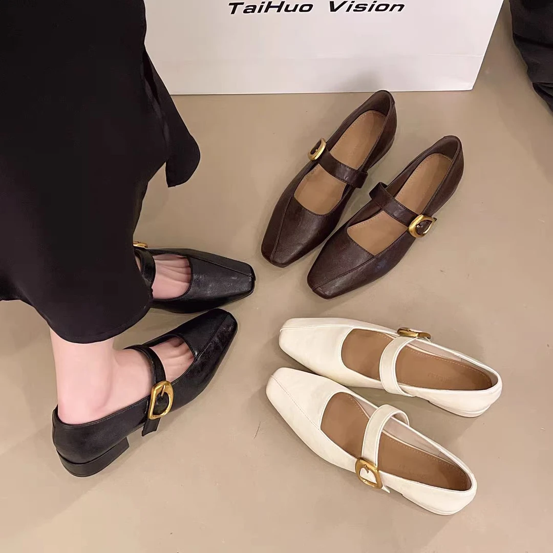 韩版气质百搭时尚一字带春季新款通勤浅口单鞋低跟2501-1