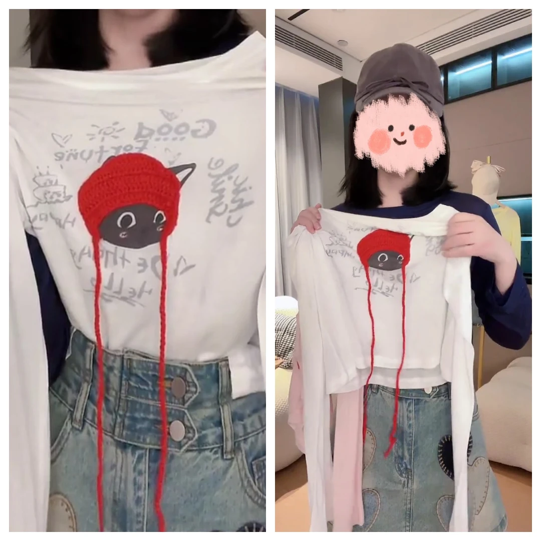 【戴帽小黑猫防晒】玩偶印花设计师打底薄款小众短款上衣长袖t恤