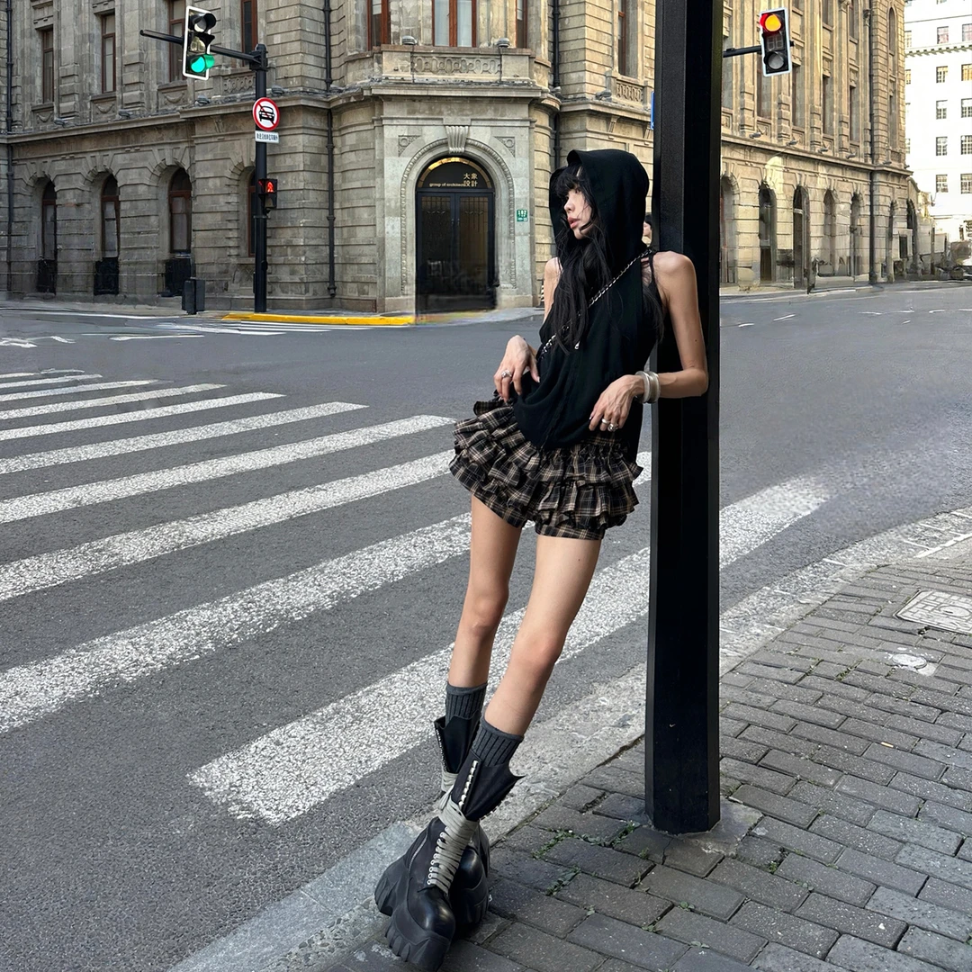 韩好甜WARDEN EDGE咖色格子短裙新款高腰显瘦蛋糕裙A字蓬蓬裙裙裤