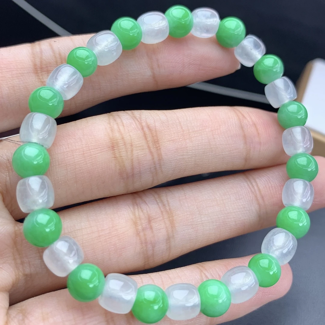 缅甸A货翡翠白冰加绿珠圆珠桶珠路路通手链手串单圈T卡6.8mm