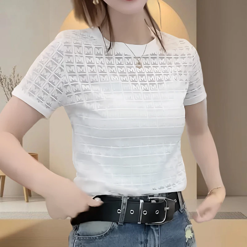 欧货镂空格子短袖女士t恤2025夏季新款时尚气质女装薄款透气上衣