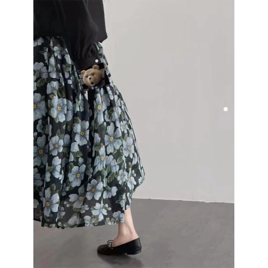 COS MOCO UR正品高端棉嘛碎花半身裙女夏法式复古别致高腰垂感中