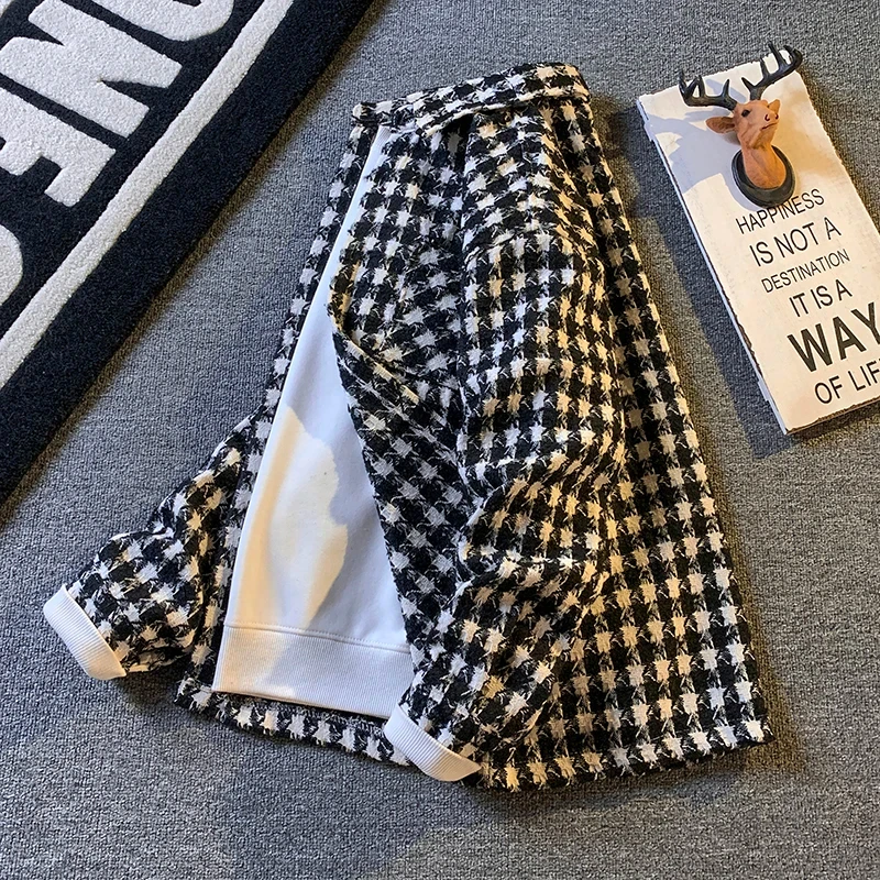 独摩天春秋季格子小香风外套男韩版百搭高级感千鸟格子夹克衬衫潮