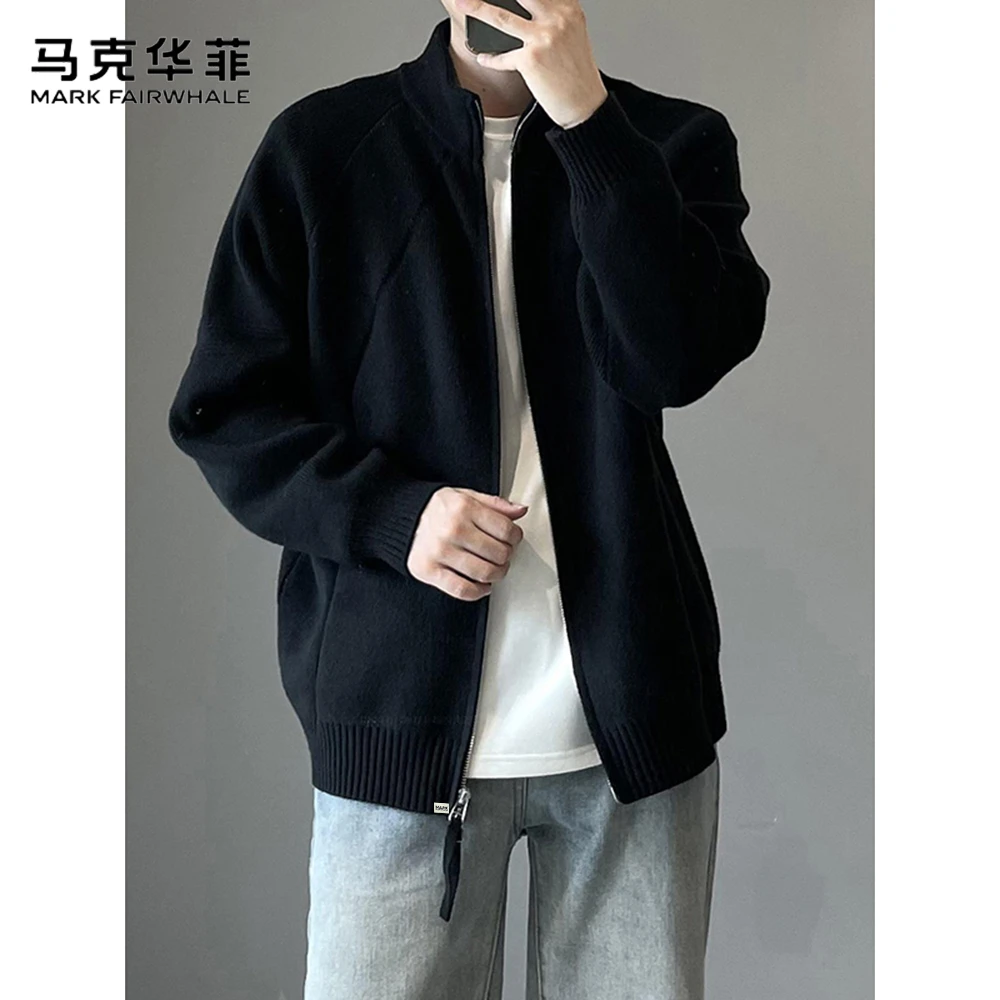 马克华菲cleanfit黑色针织开衫外套男秋季韩版宽松拼接复古毛衣