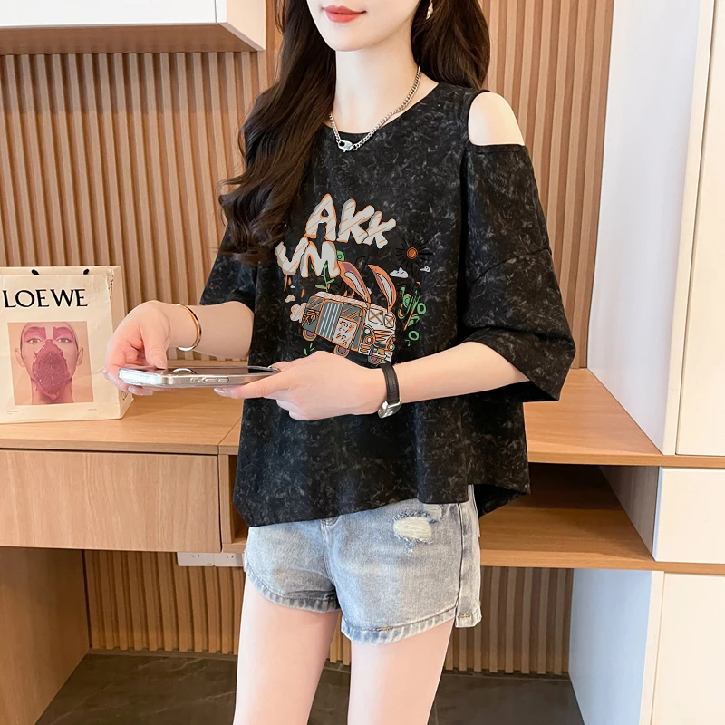 设计感扎染露肩短袖T恤女夏季韩版宽松时尚百搭不规则拼接上衣ins