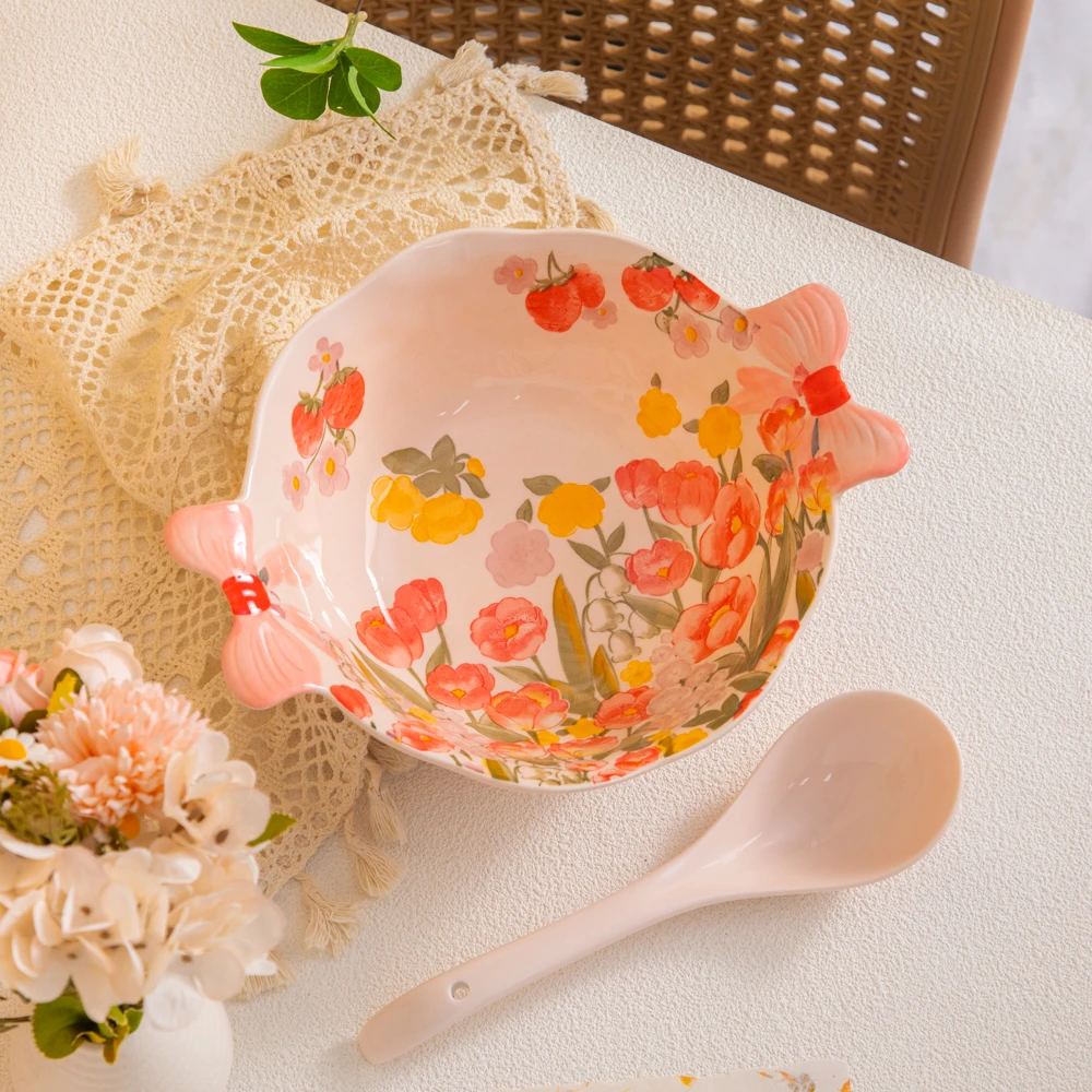 釉下彩家用陶瓷餐具美二烧彩虹系列10英寸蝴蝶结双耳大汤碗带汤勺