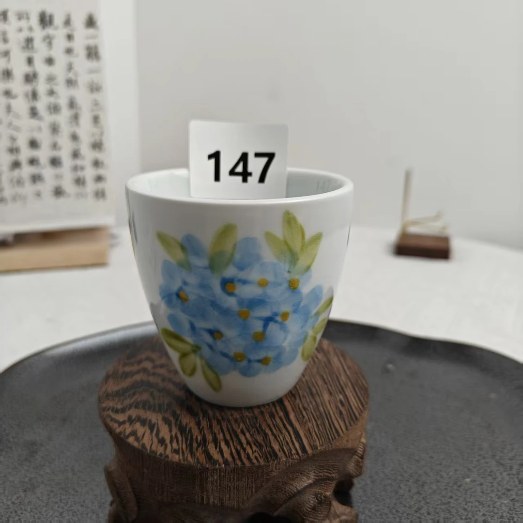景德镇手绘釉中彩（食品级）日式蓝绣球杯147蓝色水杯