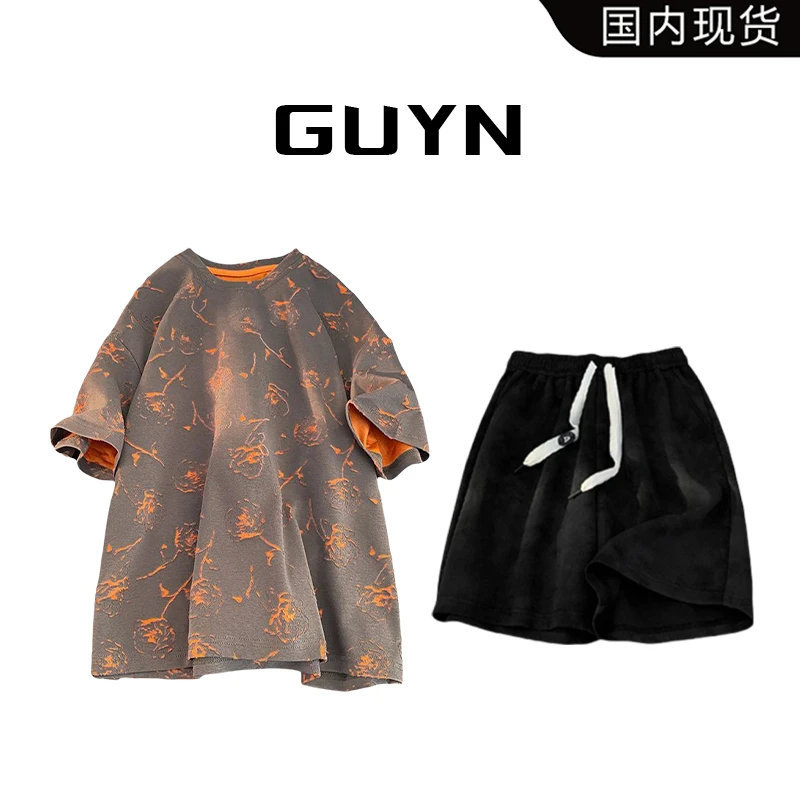 【品牌现货】GUYN满印玫瑰花重磅纯棉短袖T恤夏季宽松休闲半袖上衣