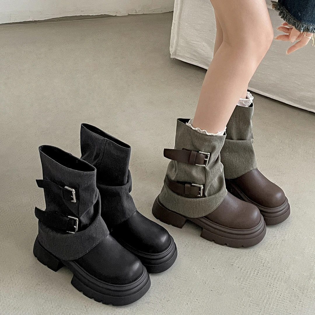 黑色复古英伦厚底粗跟马丁靴女款2025新款秋季显瘦增高裤管短靴子