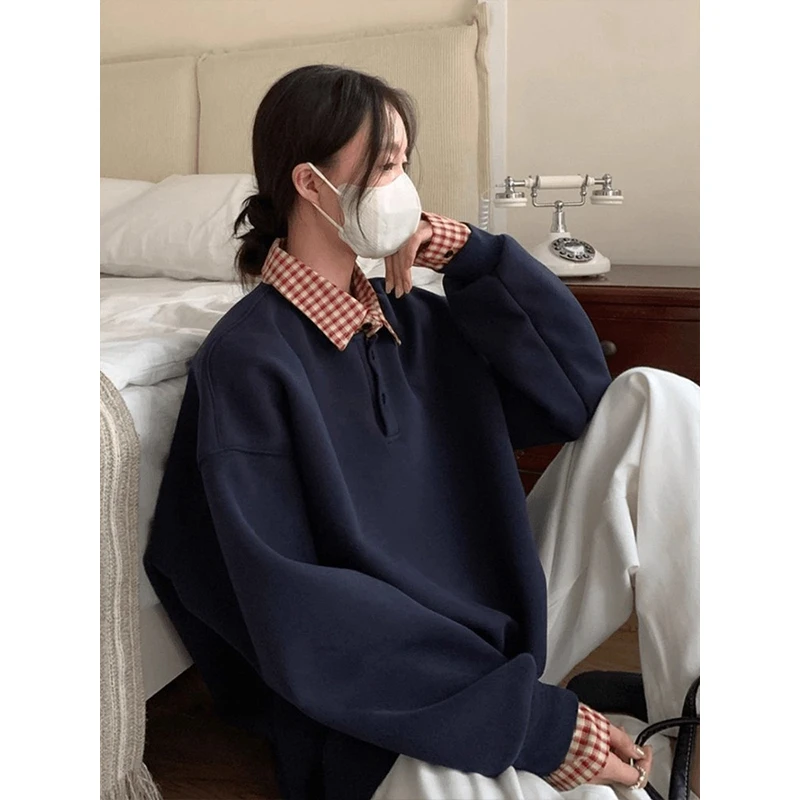 格子拼接假两件藏蓝色polo衫卫衣男cleanfit高级感美式长袖t恤秋