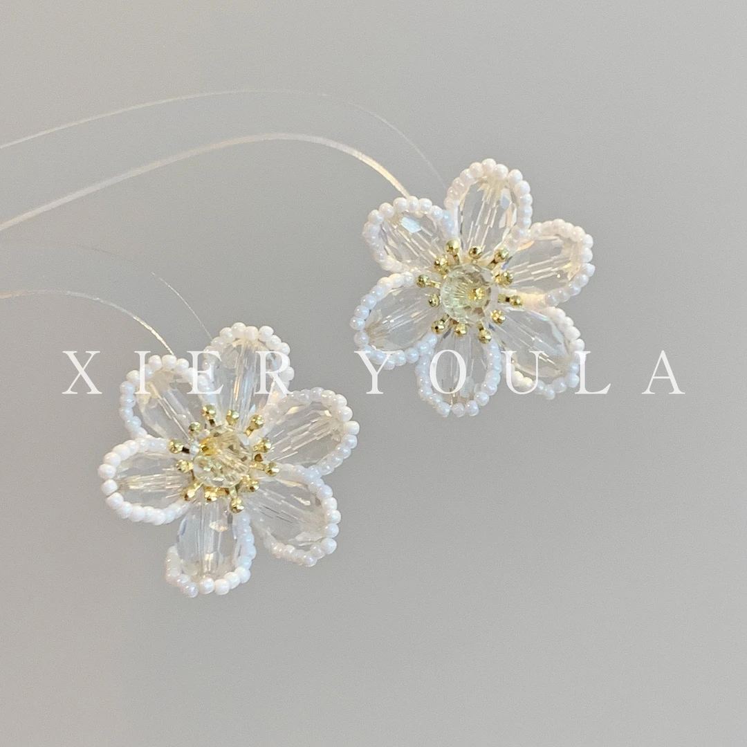 铜合金仿水晶耳饰 【喜儿ula】3-13-4纯白茉莉手作花朵耳钉
