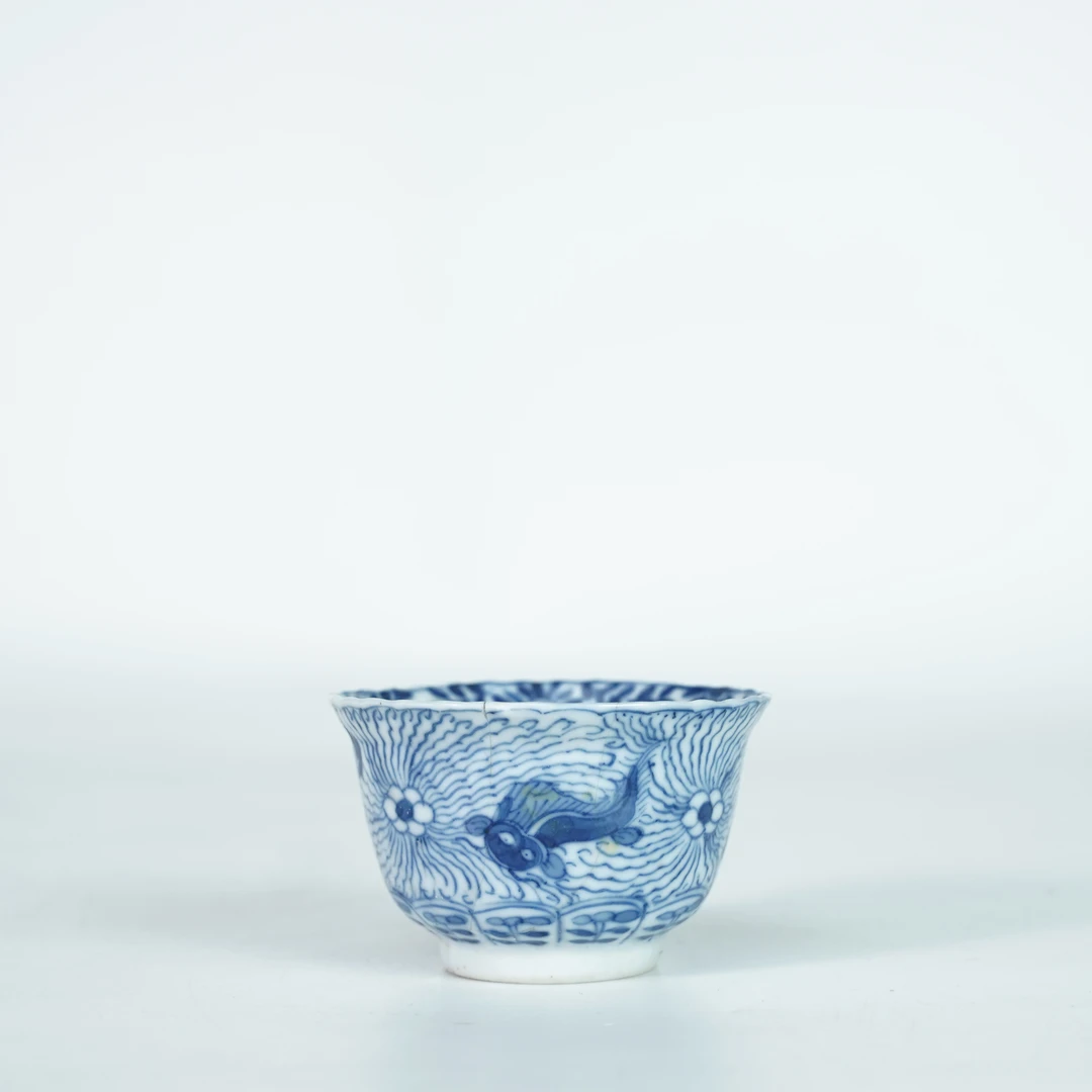 LABC251116030【十竹斋】清光绪鱼藻纹青花花口杯