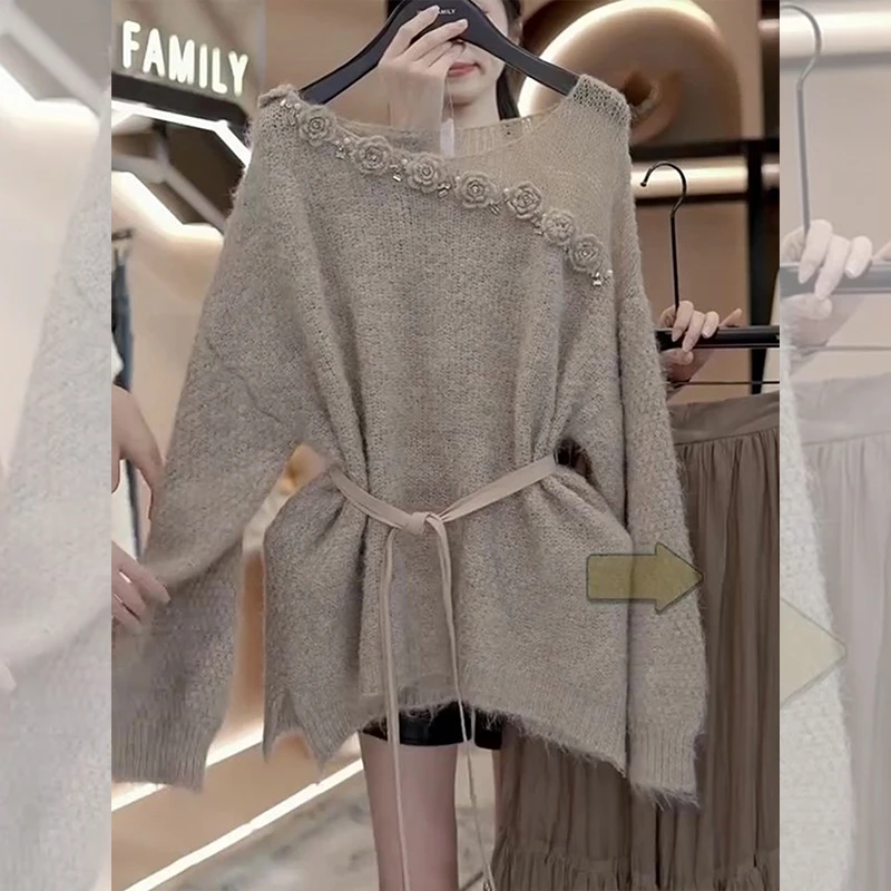 秋季新款设计感拼接长袖女立体花朵装饰收腰温柔风显瘦驼色针织衫