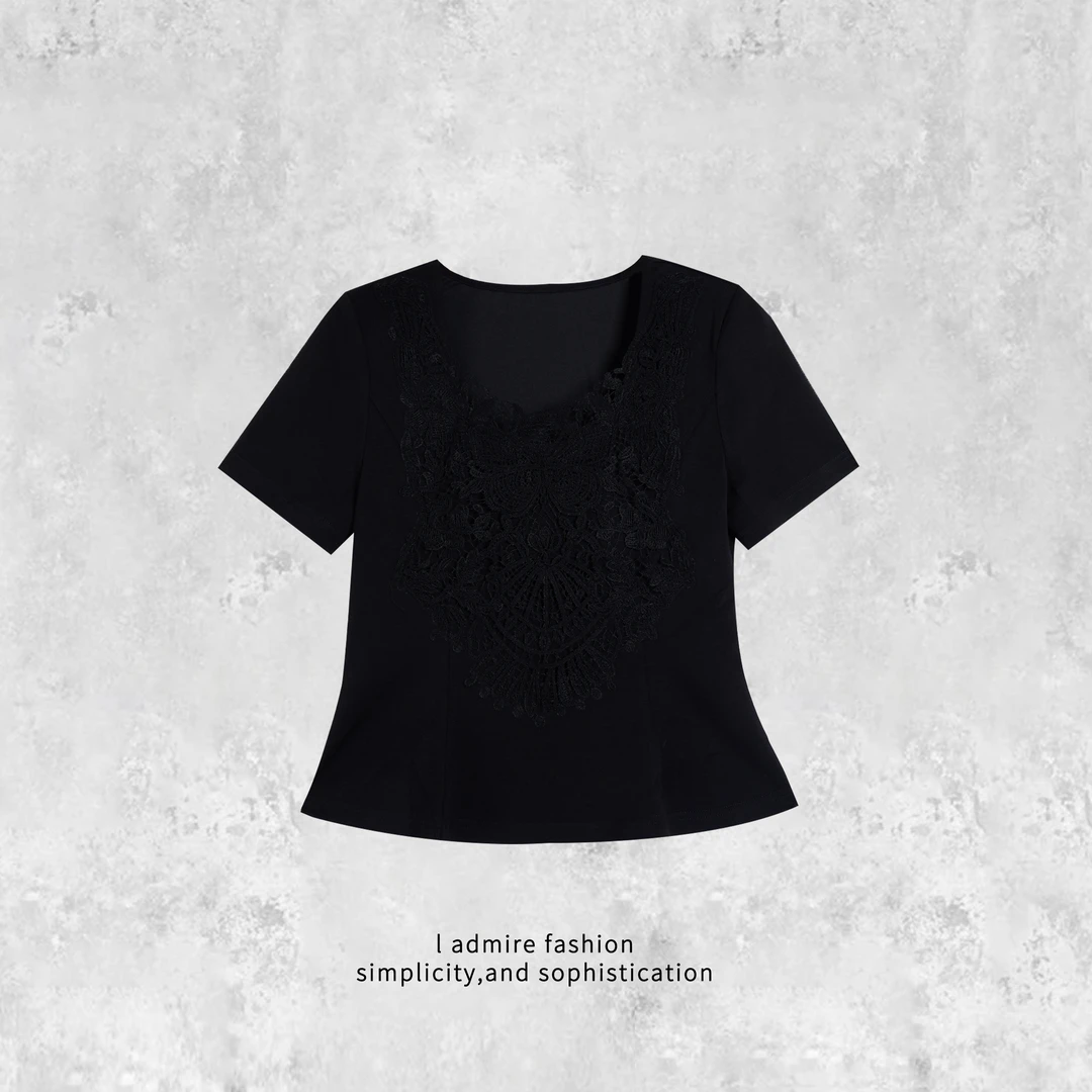 温温【望月】提花压褶T恤夏季女复古短袖上衣百搭有垫肩显瘦0584