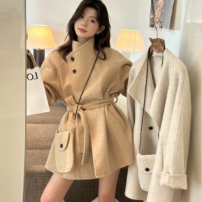 【25138】立领款系带收腰显瘦大衣女长款毛呢外套中长款