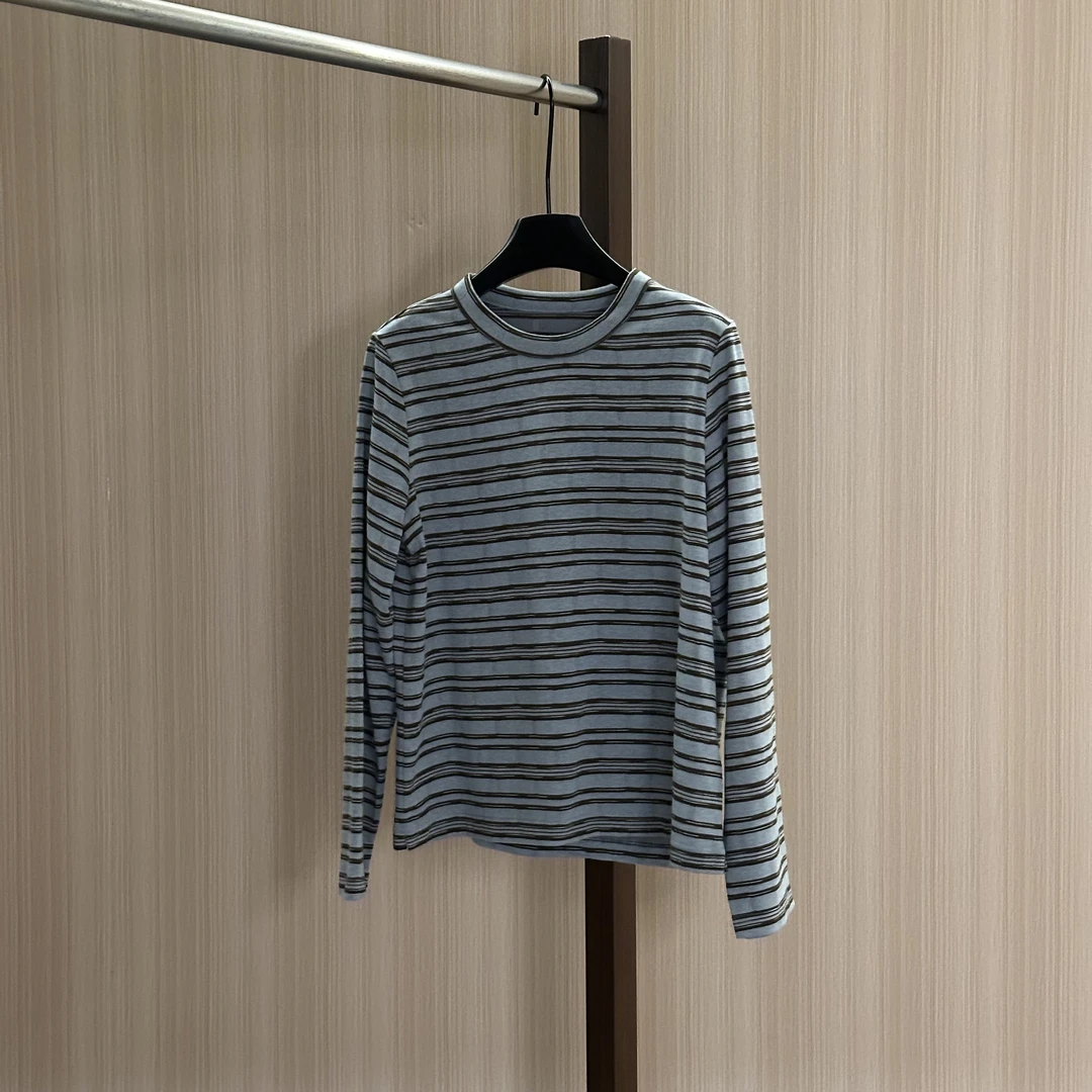 WMM长袖圆领条纹免烫透气落肩袖T恤高领休闲百搭印花