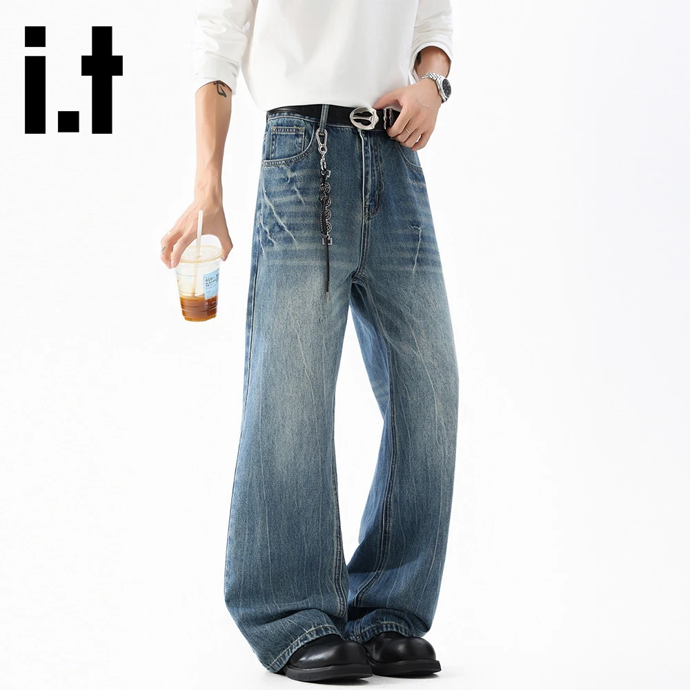 it:CHOCOOLATE美式高街vibe闪电裂纹蓝色牛仔裤男潮牌直筒微喇裤