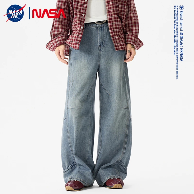NASA联名美式卡其色解构弯刀牛仔裤男款潮牌宽松复古直筒百搭长裤