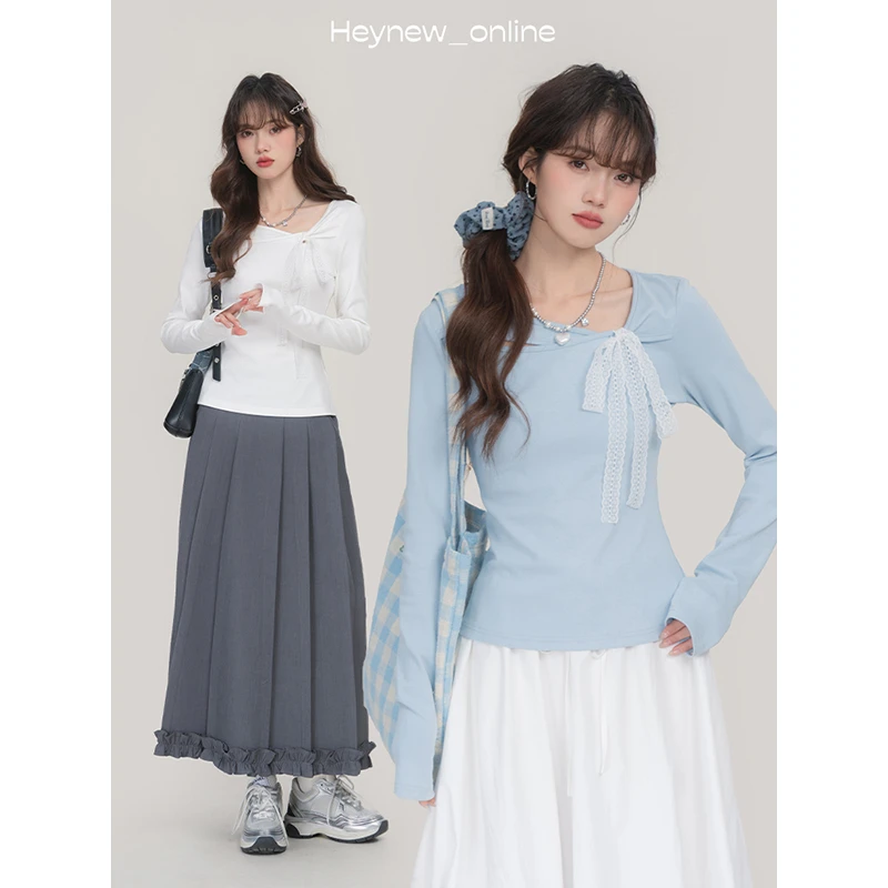 【新款上新】蓝色甜美镂空系带蝴蝶结长袖t恤小个子显瘦上衣-5C223