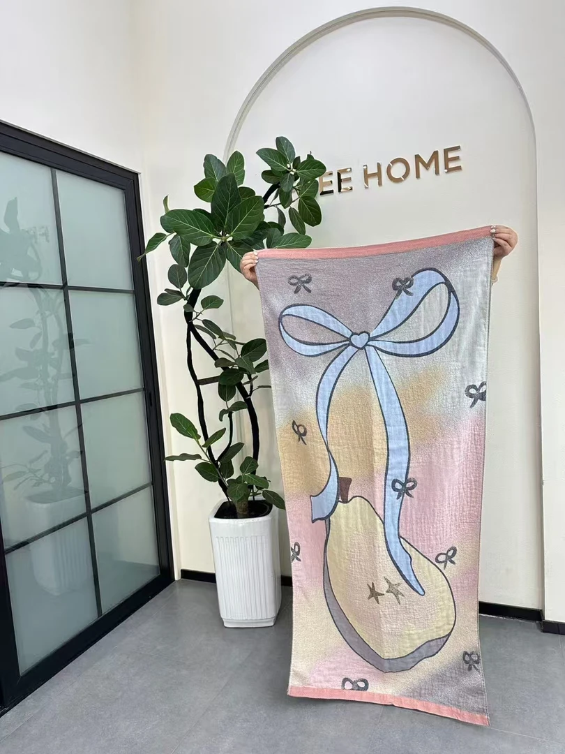 四层水洗全棉纱布浴巾成人家用吸水速干卡通可爱洗澡巾