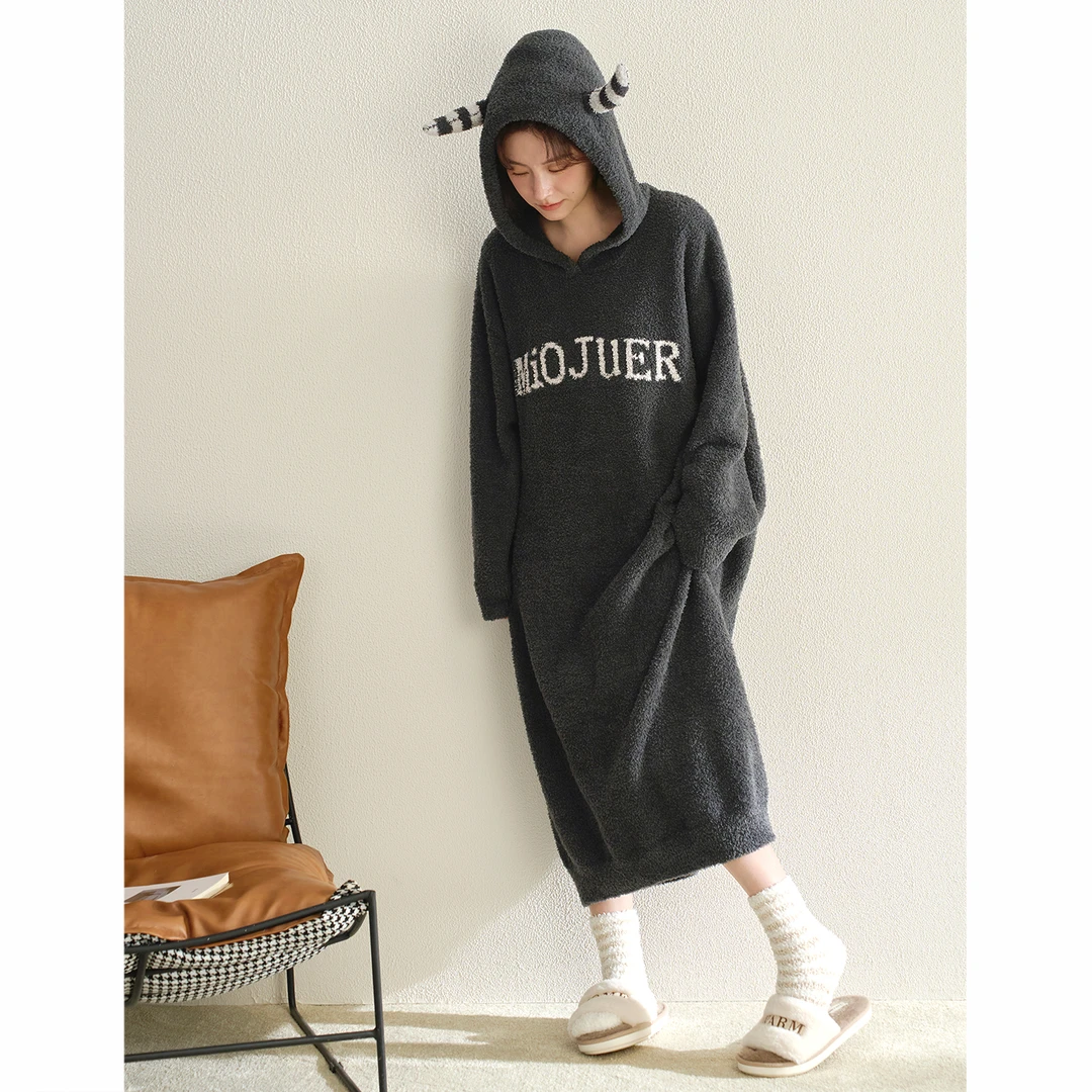 陌娇"小恶魔系列"半边绒睡衣女秋冬款长款暖暖绒可外穿睡裙家居服